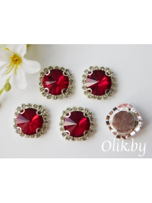 Стразы пришивные в серебряной оправе 18 мм "Круг", красный, 1шт