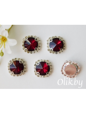 Стразы пришивные в серебряной оправе 18 мм "Круг", темно-красный, 1шт