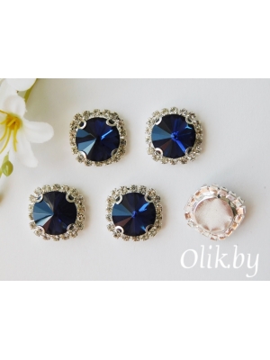 Стразы пришивные в серебряной оправе 18 мм "Круг", темно-синий, 1шт