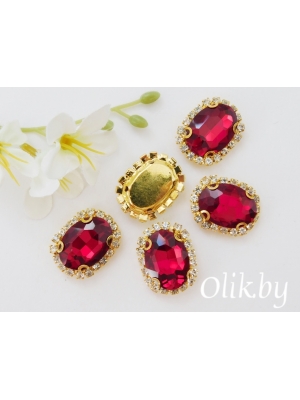 Стразы пришивные в золотой оправе 17*22 мм "Овал", темно-красный, 1 шт