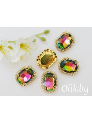 Стразы пришивные в золотой оправе 17*22 мм "Овал", хамелеон, 1 шт