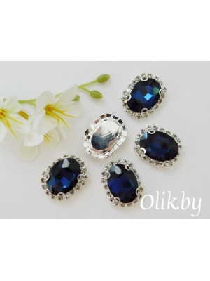 Стразы пришивные в серебряной оправе 17*22 мм "Овал", темно-синий, 1 шт