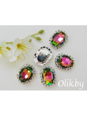 Стразы пришивные в серебряной оправе 17*22 мм "Овал", хамелеон, 1 шт