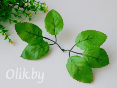 Листок декоративный зеленый с каймой, длина 1 листика 5см, 10 шт