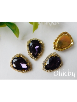 Стразы в золотой оправе 23*17 мм "Капля", темно-сиреневый