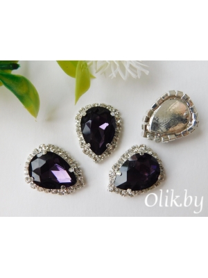 Стразы в серебряной оправе 23*17 мм "Капля", темно-сиреневый